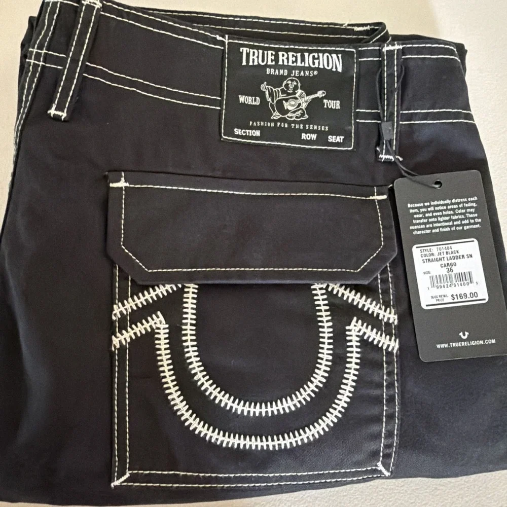 NWT True Religion Men's 36x32 Black Cotton Straight Fit Cargo Pants